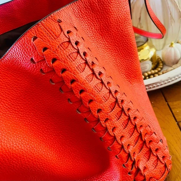 Henri BENDEL Orange Coral Leather Noho Novelty Gusset Large Braided Work Bag - Picture 13 of 16